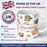 Personalized Custom Name Gingerbread Cookies Candy Sweets House Seamless Pattern Festive Mix 11oz Ceramic Coffee Tea Mug White Large Handle