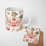 Personalized Custom Name Cute Gingerbread Cookies Candy Sweets House Seamless Pattern Dot 11oz Ceramic Coffee Tea Mug White Large Handle