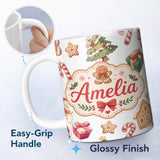 Personalized Custom Name Cute Gingerbread Cookies Candy Sweets House Seamless Pattern Dot 11oz Ceramic Coffee Tea Mug White Large Handle
