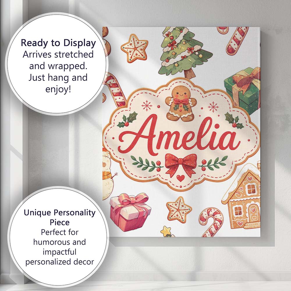 Personalised Name Cute Gingerbread Cookies Custom  Unique Gift Idea Elegant Feature Canvas Wall Art Print Decor Picture Ready to Hang