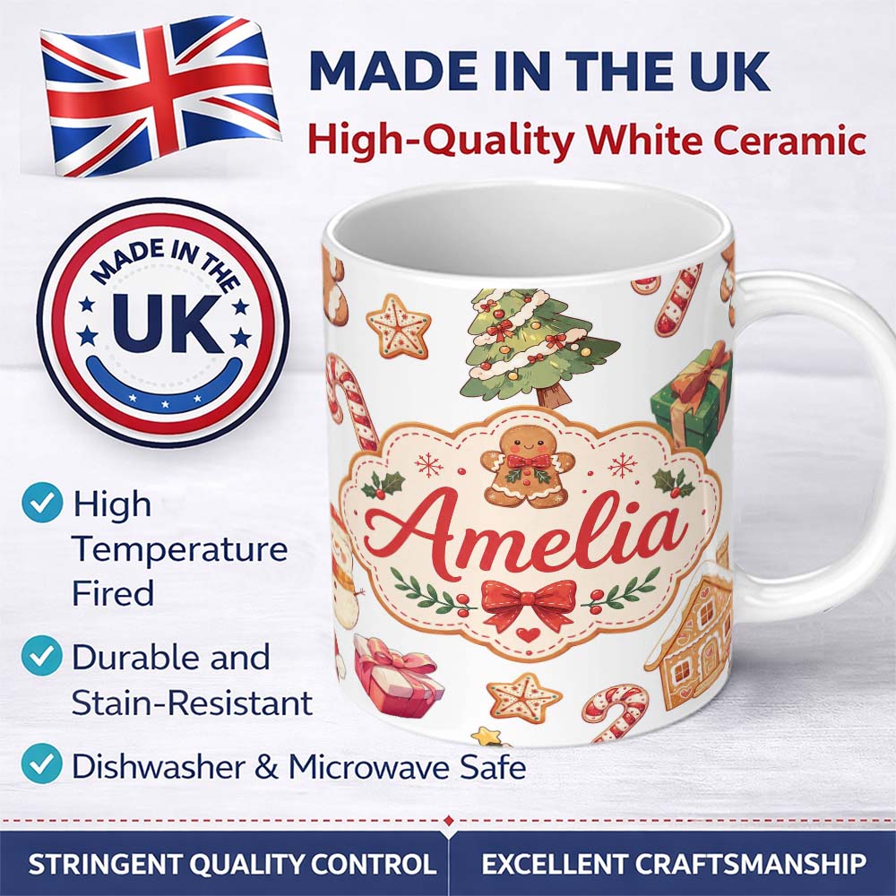 Personalized Custom Name Cute Gingerbread Cookies Candy Sweets House Seamless Pattern Dot 11oz Ceramic Coffee Tea Mug White Large Handle