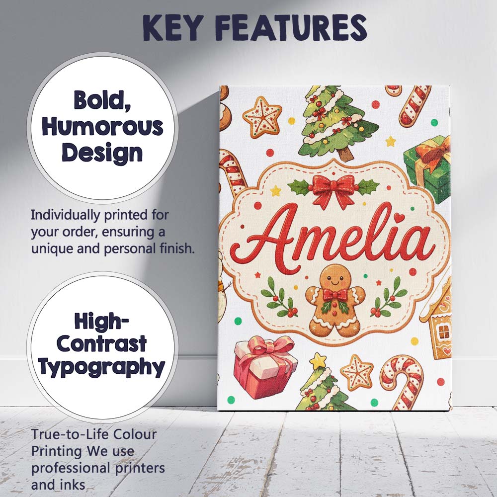 Personalised Name Cute Gingerbread Man Custom  Modern Room Accent Elegant Feature Canvas Wall Art Print Decor Picture Ready to Hang