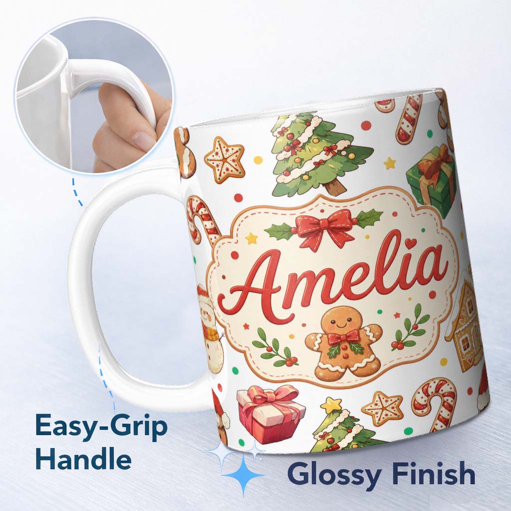 Personalized Custom Name Cute Gingerbread Man Christmas Tree Candy Cane Seamless Pattern Name 11oz Ceramic Coffee Tea Mug White Large Handle