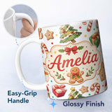 Personalized Custom Name Cute Gingerbread Man Christmas Tree Candy Cane Seamless Pattern Name 11oz Ceramic Coffee Tea Mug White Large Handle
