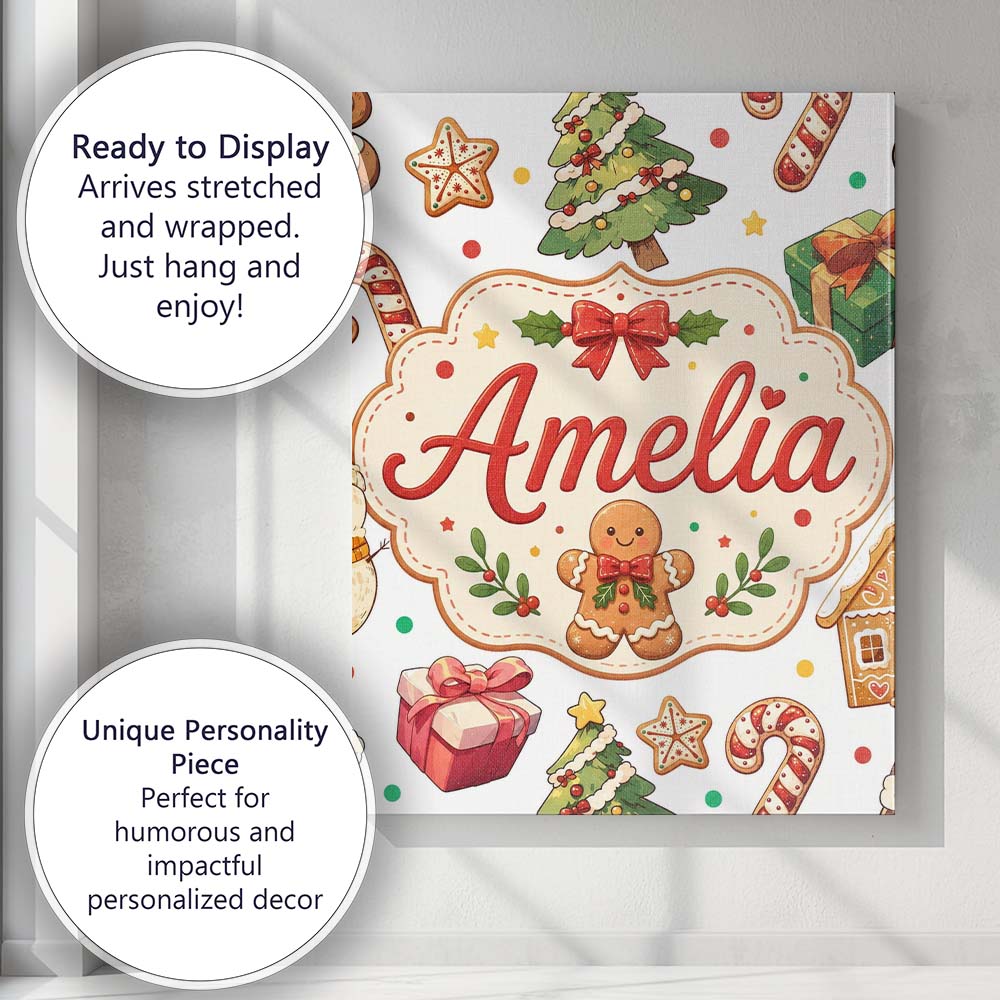 Personalised Name Cute Gingerbread Man Custom  Modern Room Accent Elegant Feature Canvas Wall Art Print Decor Picture Ready to Hang