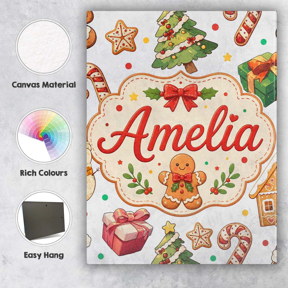 Personalised Name Cute Gingerbread Man Custom  Modern Room Accent Elegant Feature Canvas Wall Art Print Decor Picture Ready to Hang