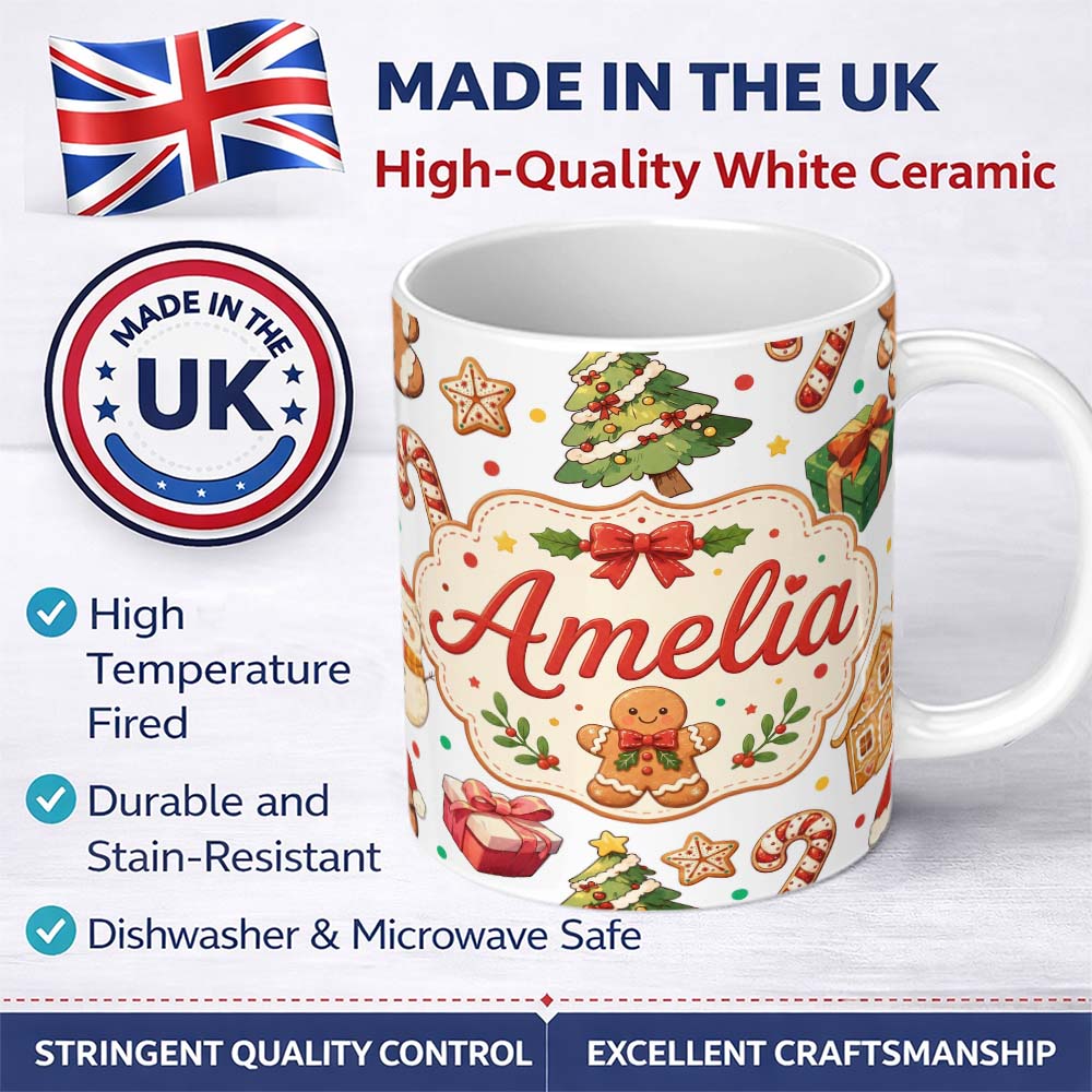 Personalized Custom Name Cute Gingerbread Man Christmas Tree Candy Cane Seamless Pattern Name 11oz Ceramic Coffee Tea Mug White Large Handle