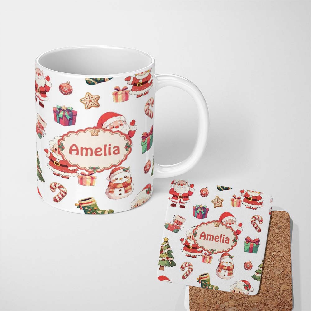 Personalized Custom Name Cute Santa Claus Mrs Snowman Gift Christmas Seamless Pattern Name 11oz Ceramic Coffee Tea Mug White Large Handle