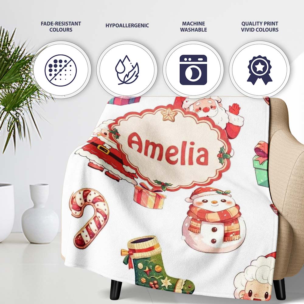 Cute Santa Claus Mrs Snowman Gift Christmas Seamless Pattern Name  Personalised Custom Name Super Soft Fleece Blanket Bed Sofa Throw