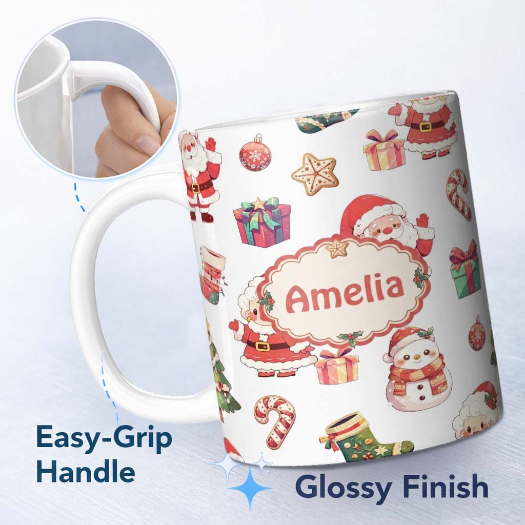 Personalized Custom Name Cute Santa Claus Mrs Snowman Gift Christmas Seamless Pattern Name 11oz Ceramic Coffee Tea Mug White Large Handle