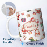 Personalized Custom Name Cute Santa Claus Mrs Snowman Gift Christmas Seamless Pattern Name 11oz Ceramic Coffee Tea Mug White Large Handle
