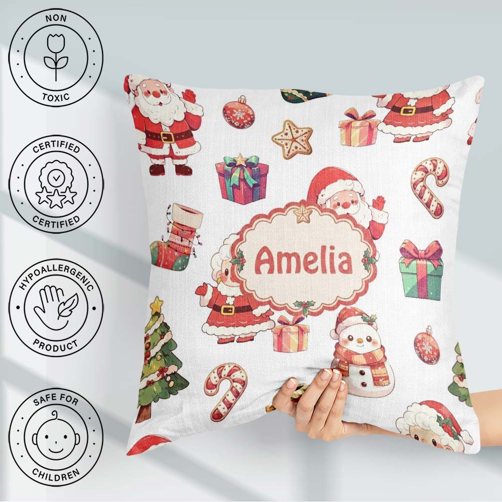 Custom Name Cute Santa Claus Mrs Snowman Christmas Seamless Name Square Filled Cushion Throw Pillow Sofa Bed Home Decor Zip Washable UK Made