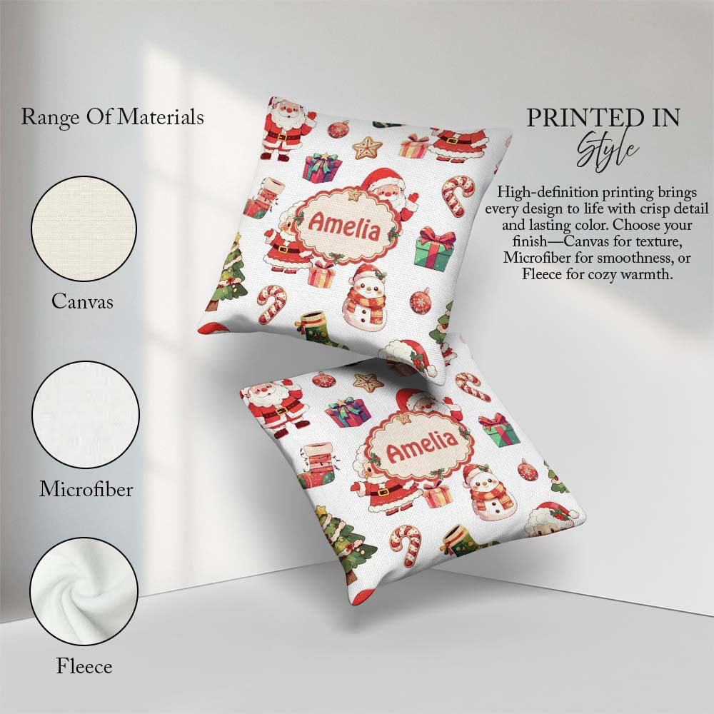 Custom Name Cute Santa Claus Mrs Snowman Christmas Seamless Name Square Filled Cushion Throw Pillow Sofa Bed Home Decor Zip Washable UK Made