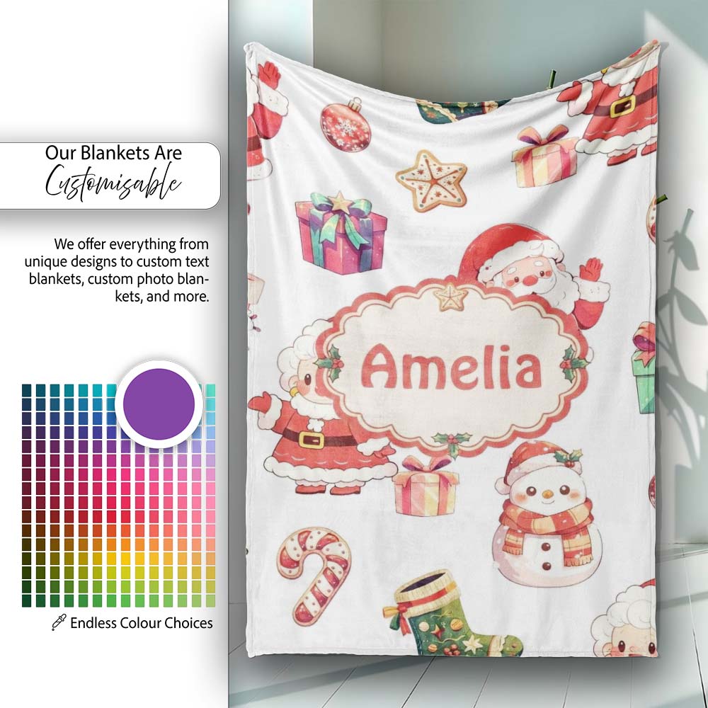Cute Santa Claus Mrs Snowman Gift Christmas Seamless Pattern Name  Personalised Custom Name Super Soft Fleece Blanket Bed Sofa Throw