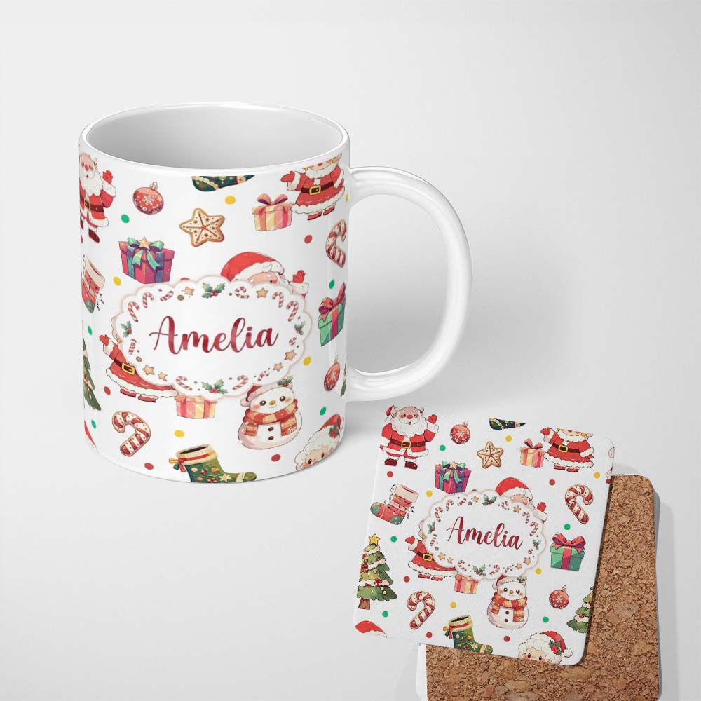 Personalized Custom Name Cute Santa Claus Mrs Snowman Confetti Seamless Pattern Name Unique 11oz Ceramic Coffee Tea Mug White Large Handle