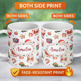 Personalized Custom Name Cute Santa Claus Mrs Snowman Confetti Seamless Pattern Name Unique 11oz Ceramic Coffee Tea Mug White Large Handle