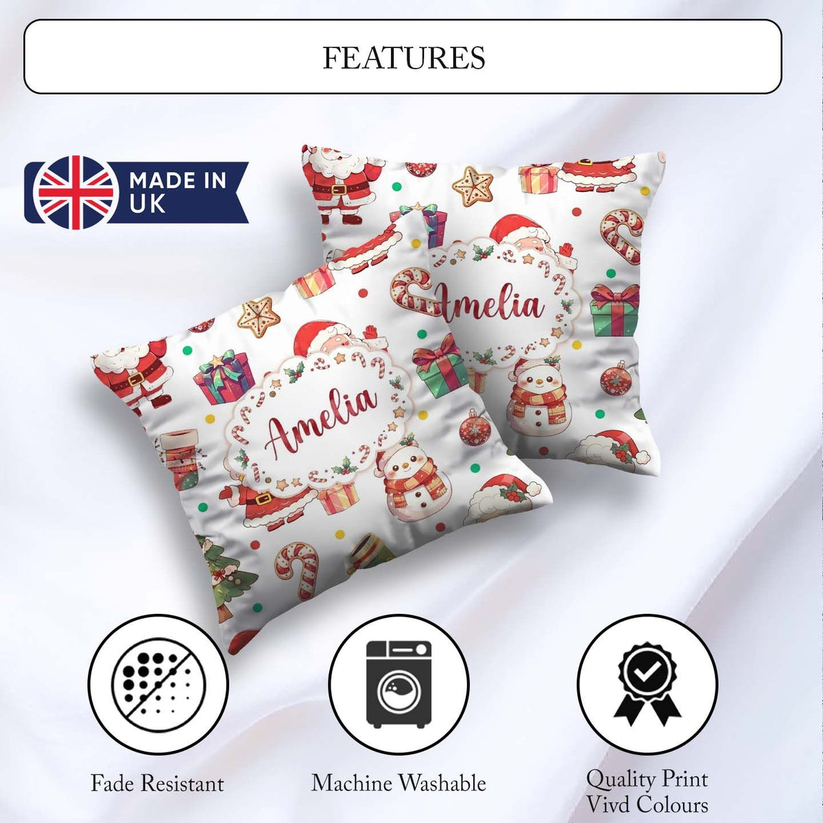 Custom Name Cute Santa Claus Mrs Snowman Confetti Seamless Name Square Filled Cushion Throw Pillow Sofa Bed Home Decor Zip Washable UK Made