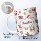 Personalized Custom Name Cute Santa Claus Mrs Snowman Confetti Seamless Pattern Name Unique 11oz Ceramic Coffee Tea Mug White Large Handle
