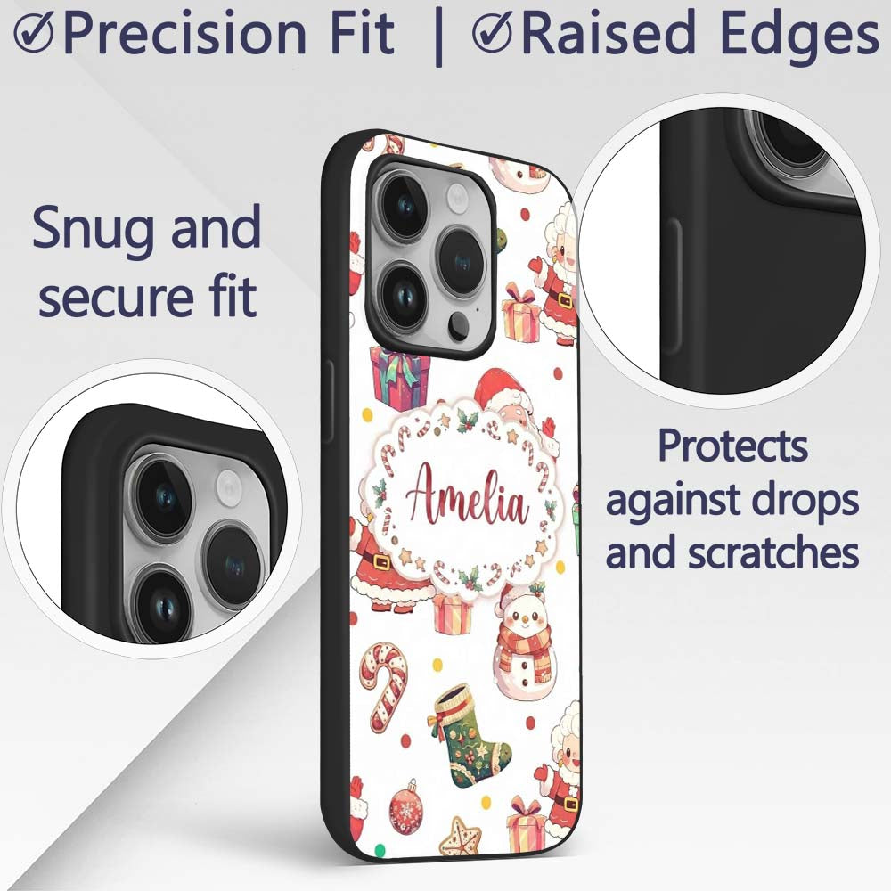 Cute Santa Claus Mrs Snowman Confetti Seamless Custom Name Protective Phone Case Mobile Cover Durable Everyday Smartphone Shock Resistant