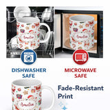 Personalized Custom Name Cute Santa Claus Mrs Snowman Confetti Seamless Pattern Name Unique 11oz Ceramic Coffee Tea Mug White Large Handle