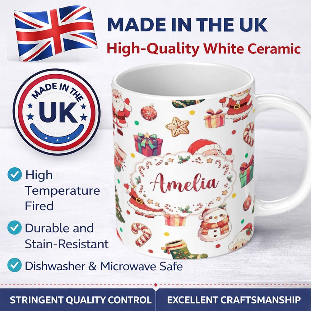 Personalized Custom Name Cute Santa Claus Mrs Snowman Confetti Seamless Pattern Name Unique 11oz Ceramic Coffee Tea Mug White Large Handle