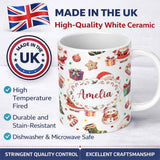 Personalized Custom Name Cute Santa Claus Mrs Snowman Confetti Seamless Pattern Name Unique 11oz Ceramic Coffee Tea Mug White Large Handle