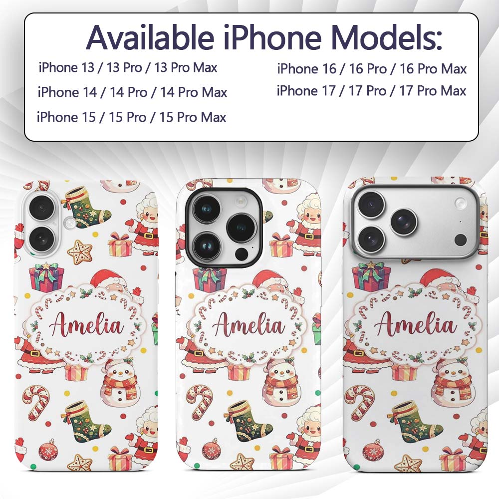 Cute Santa Claus Mrs Snowman Confetti Seamless Custom Name Protective Phone Case Mobile Cover Durable Everyday Smartphone Shock Resistant