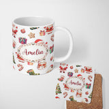 Personalized Custom Name Cute Santa Claus Mrs Snowman Festive Seamless Pattern Name Unique 11oz Ceramic Coffee Tea Mug White Large Handle