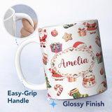 Personalized Custom Name Cute Santa Claus Mrs Snowman Festive Seamless Pattern Name Unique 11oz Ceramic Coffee Tea Mug White Large Handle
