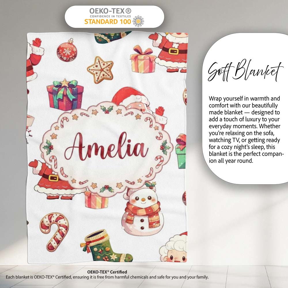 Cute Santa Claus Mrs Snowman Festive Seamless Pattern Name Unique  Personalised Custom Name Super Soft Fleece Blanket Bed Sofa Throw