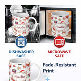 Personalized Custom Name Cute Santa Claus Mrs Snowman Festive Seamless Pattern Name Unique 11oz Ceramic Coffee Tea Mug White Large Handle