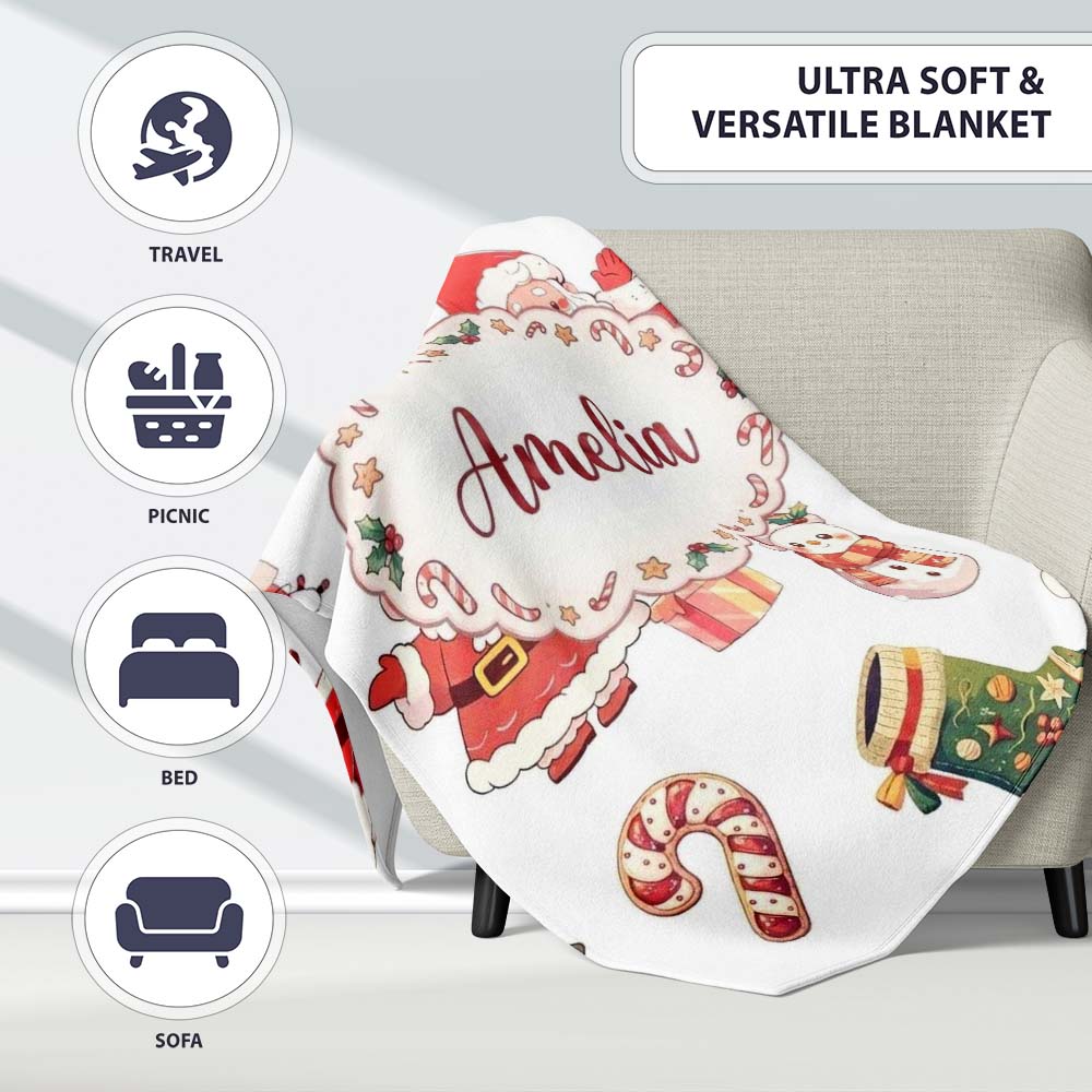 Cute Santa Claus Mrs Snowman Festive Seamless Pattern Name Unique  Personalised Custom Name Super Soft Fleece Blanket Bed Sofa Throw