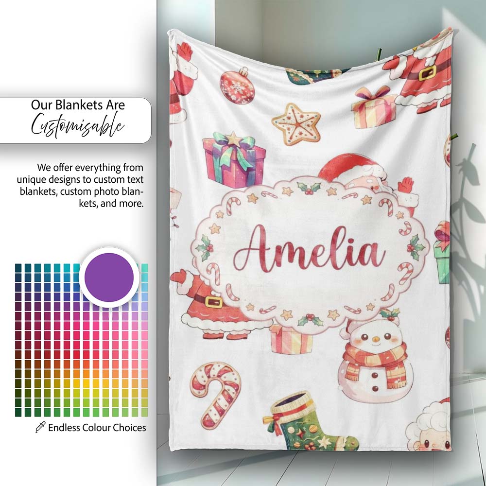 Cute Santa Claus Mrs Snowman Festive Seamless Pattern Name Unique  Personalised Custom Name Super Soft Fleece Blanket Bed Sofa Throw