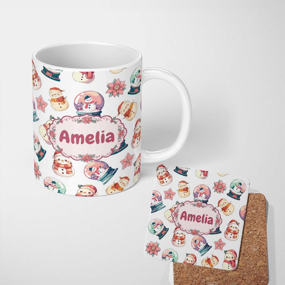 Personalized Custom Name Cute Snowman Snow Globe Poinsettia Christmas Seamless Pattern Name 11oz Ceramic Coffee Tea Mug White Large Handle