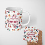 Personalized Custom Name Cute Snowman Snow Globe Poinsettia Christmas Seamless Pattern Name 11oz Ceramic Coffee Tea Mug White Large Handle