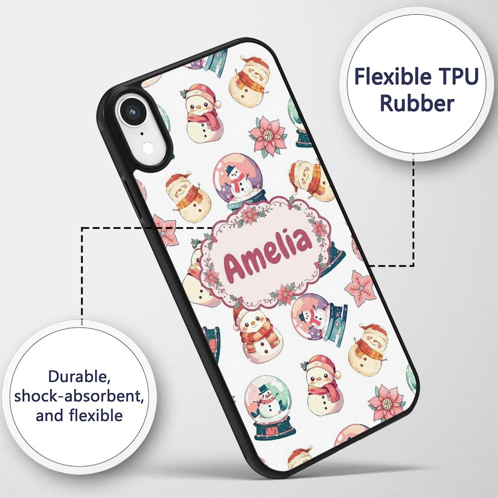 Cute Snowman Snow Globe Poinsettia Christmas Custom Name Protective Phone Case Mobile Cover Durable Everyday Smartphone Shock Resistant
