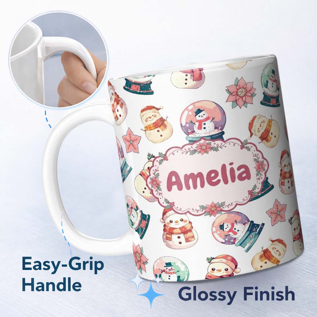 Personalized Custom Name Cute Snowman Snow Globe Poinsettia Christmas Seamless Pattern Name 11oz Ceramic Coffee Tea Mug White Large Handle