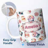 Personalized Custom Name Cute Snowman Snow Globe Poinsettia Christmas Seamless Pattern Name 11oz Ceramic Coffee Tea Mug White Large Handle