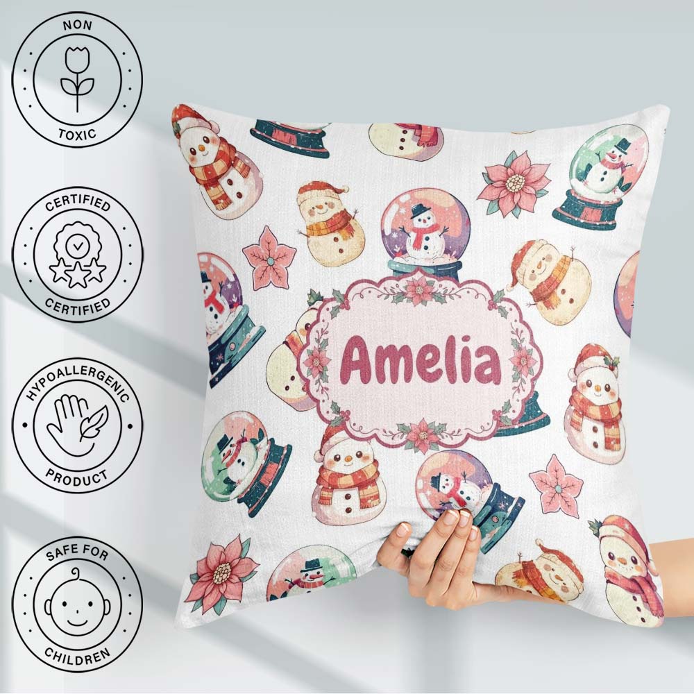 Custom Name Snowman Snow Globe Poinsettia Christmas Pattern Name Square Filled Cushion Throw Pillow Sofa Bed Home Decor Zip Washable UK Made