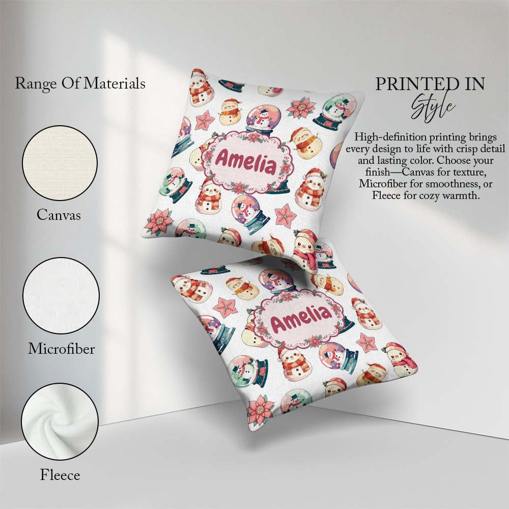 Custom Name Snowman Snow Globe Poinsettia Christmas Pattern Name Square Filled Cushion Throw Pillow Sofa Bed Home Decor Zip Washable UK Made