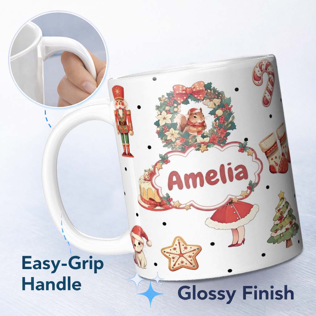 Personalized Custom Name Cute Nutcracker Wreath Squirrel Cake Christmas Seamless Pattern Name 11oz Ceramic Coffee Tea Mug White Large Handle