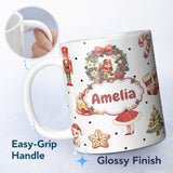 Personalized Custom Name Cute Nutcracker Wreath Squirrel Cake Christmas Seamless Pattern Name 11oz Ceramic Coffee Tea Mug White Large Handle