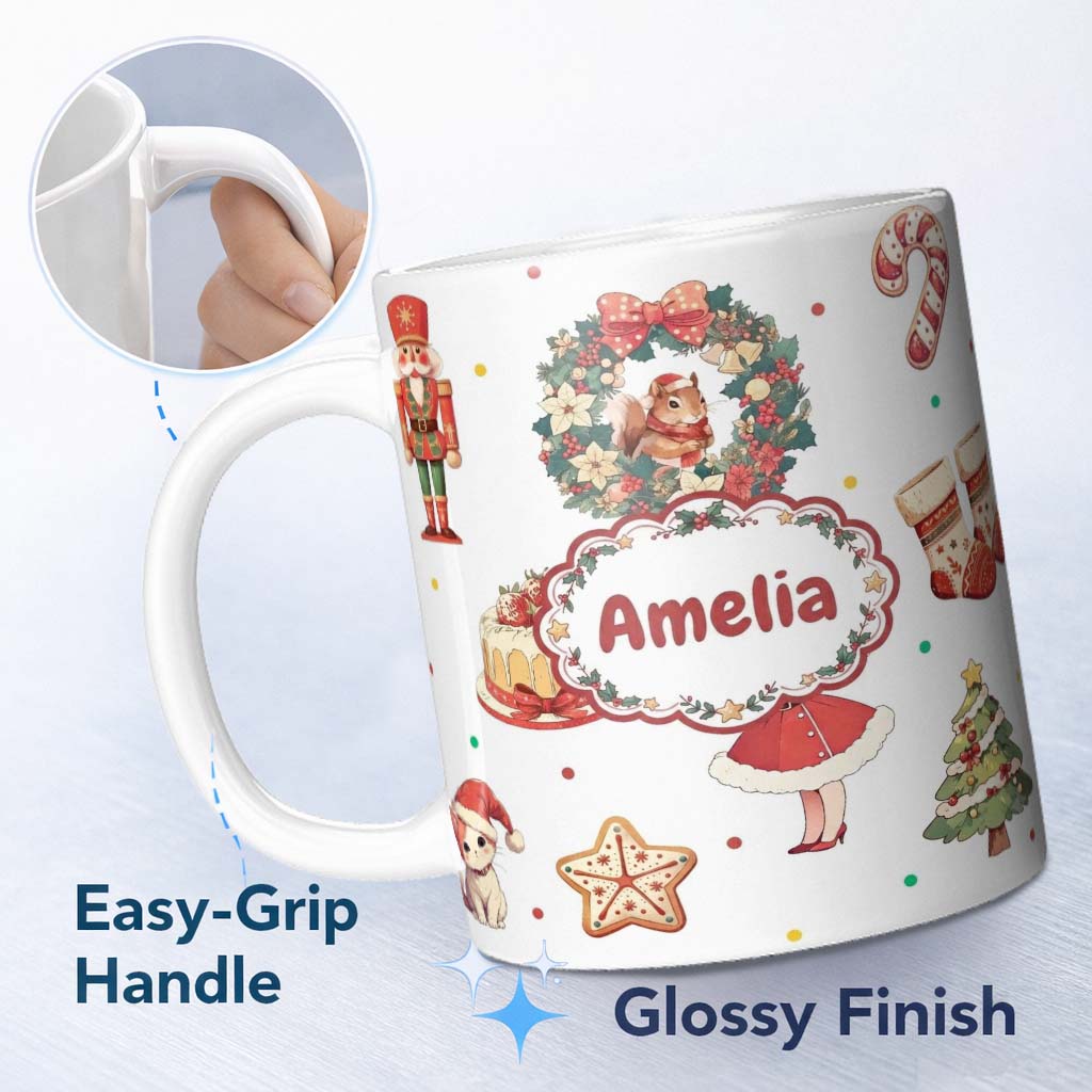 Personalized Custom Name Cute Nutcracker Wreath Squirrel Cake Confetti Seamless Pattern 11oz Ceramic Coffee Tea Mug White Large Handle