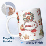 Personalized Custom Name Cute Nutcracker Wreath Squirrel Cake Confetti Seamless Pattern 11oz Ceramic Coffee Tea Mug White Large Handle