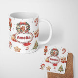 Personalized Custom Name Cute Nutcracker Wreath Squirrel Cake Festive Seamless Pattern Name 11oz Ceramic Coffee Tea Mug White Large Handle
