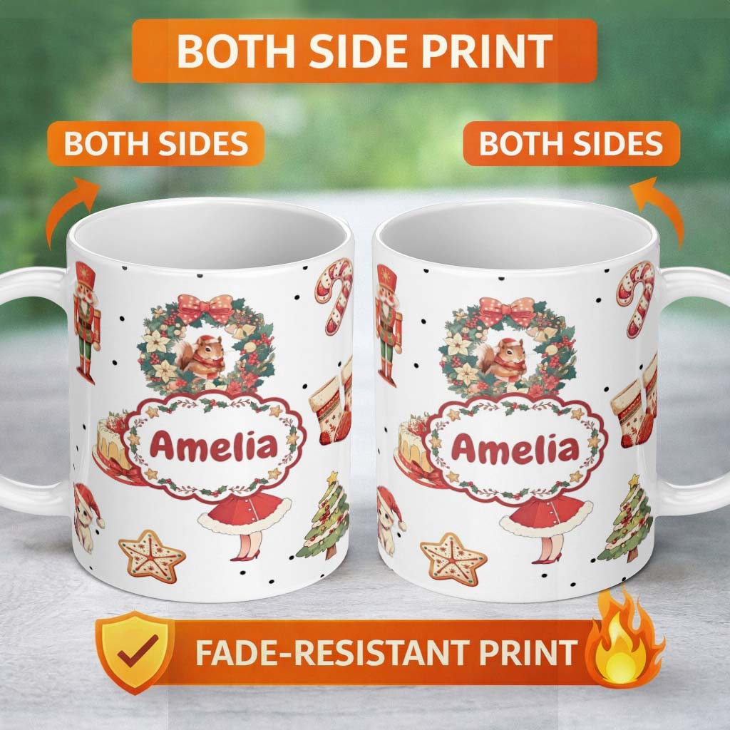 Personalized Custom Name Cute Nutcracker Wreath Squirrel Cake Festive Seamless Pattern Name 11oz Ceramic Coffee Tea Mug White Large Handle