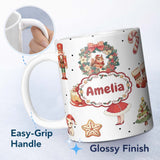 Personalized Custom Name Cute Nutcracker Wreath Squirrel Cake Festive Seamless Pattern Name 11oz Ceramic Coffee Tea Mug White Large Handle
