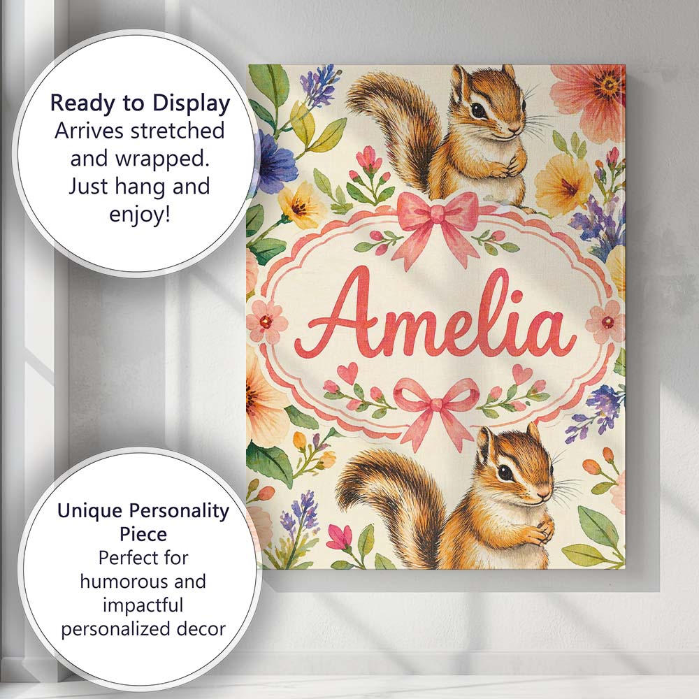 Personalised Name Watercolor Chipmunk Wildflower Botanical Seamless Custom Canvas Wall Art Print Decor Picture Ready to Hang