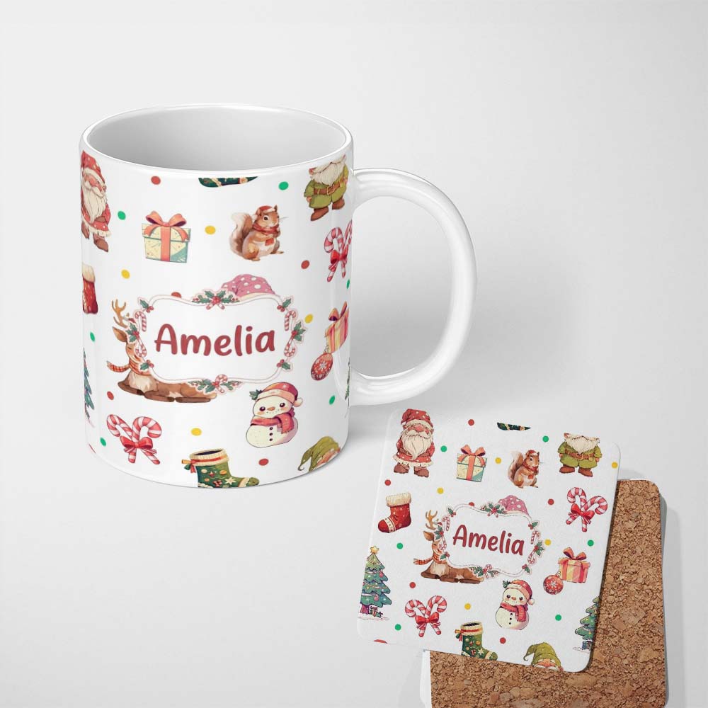Personalized Custom Name Cute Christmas Gnome Reindeer Squirrel Gift Candy Cane Seamless 11oz Ceramic Coffee Tea Mug White Large Handle