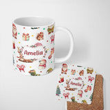 Personalized Custom Name Cute Christmas Gnome Reindeer Squirrel Gift Candy Cane Seamless 11oz Ceramic Coffee Tea Mug White Large Handle